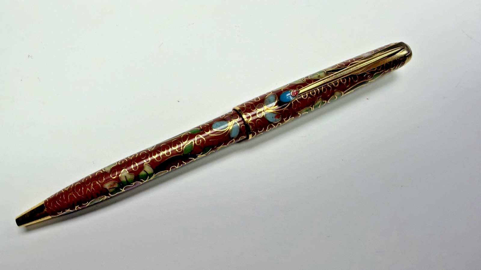 Vintage Chinese Cloisonne Enameled Ball Point Pen in Brocade Box