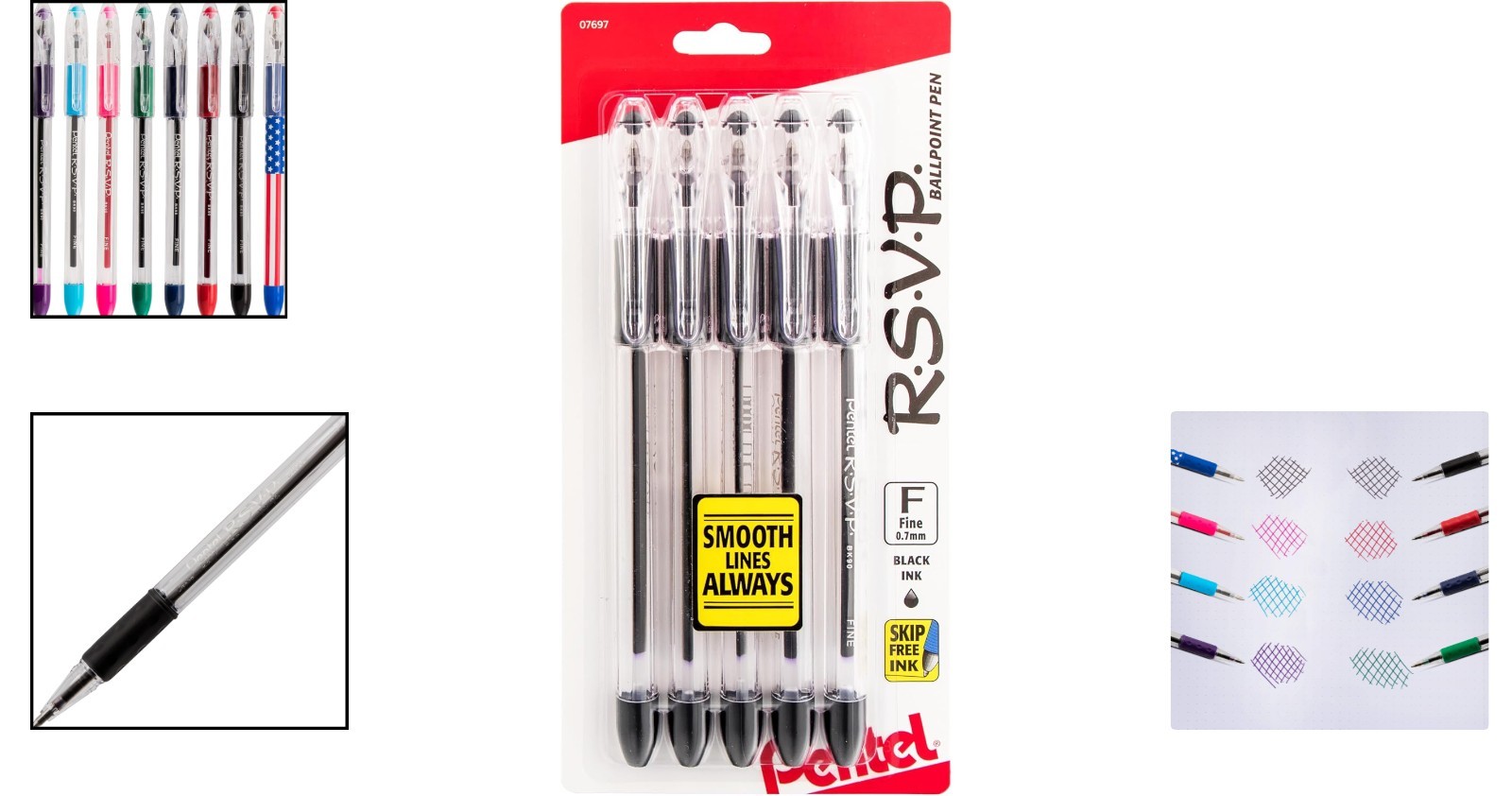 RSVP Ergonomic Ballpoint Pen Set, 0.7mm Fine Point, Black Ink, Pack of 5