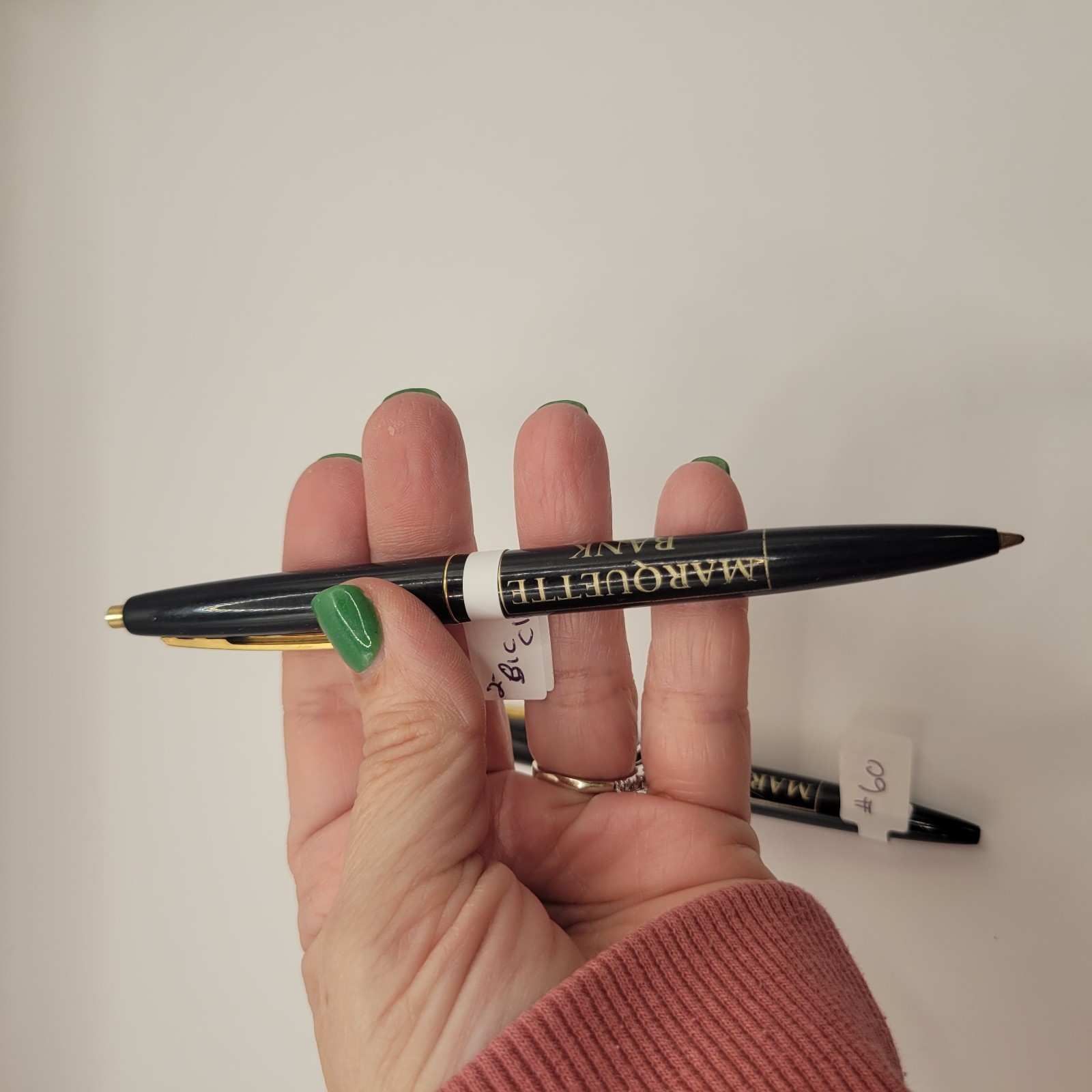 2 Vintage Bic Clic Pen Marquette Bank Advertising Black With Gold Trim Mexico