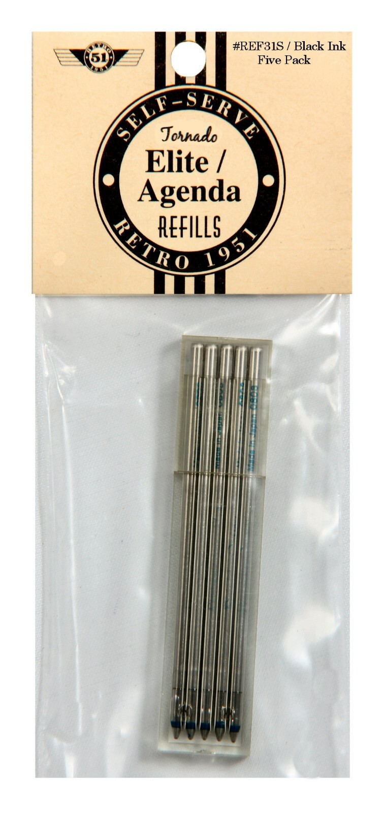 Retro 51 #REF-31S / Elite Tornado Series 5 Pack of Black Ink Ballpoint Refills
