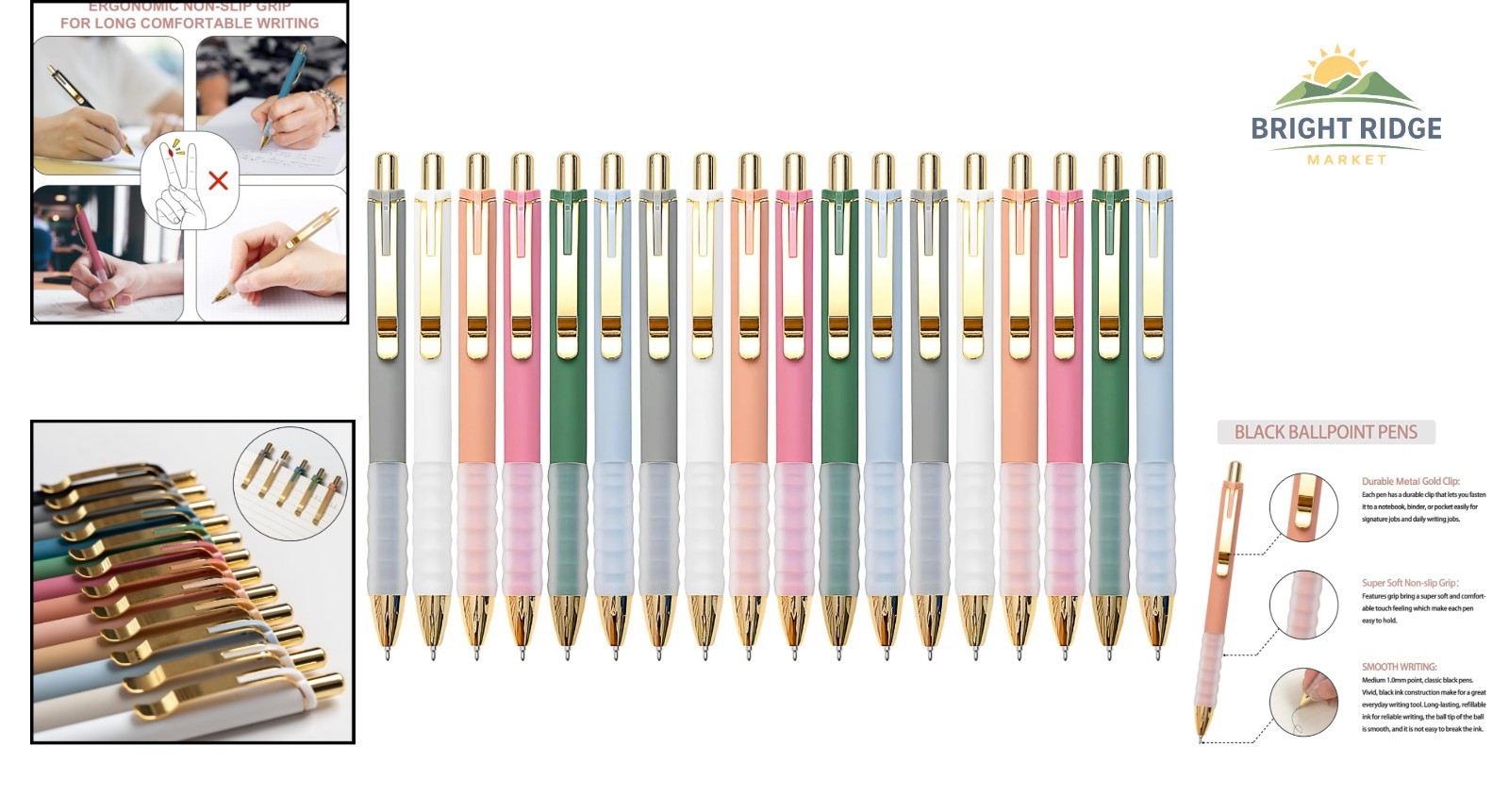 Black Medium Point Ballpoint Pens with Non-Slip Grip, Great for School & Office