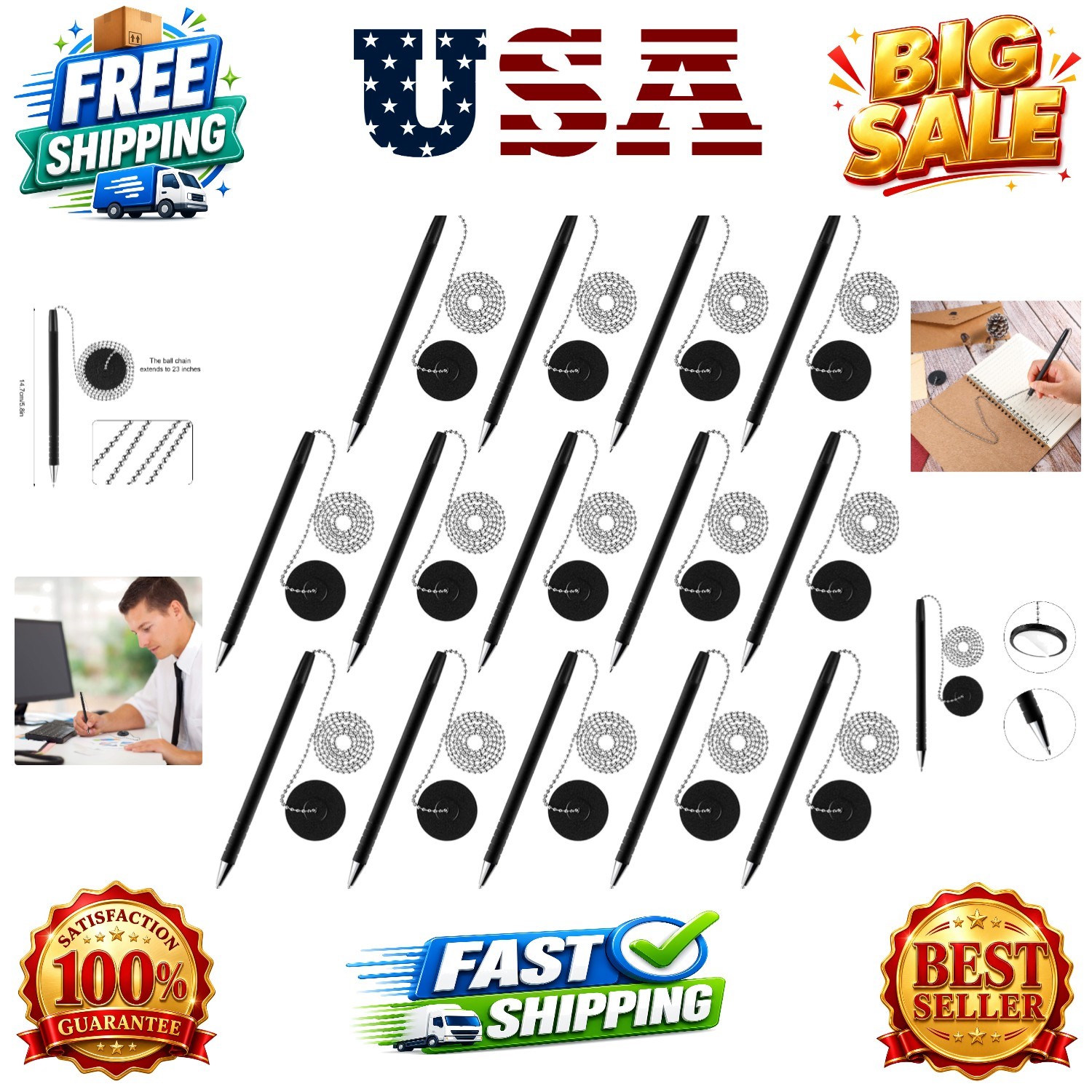 14 Pieces Secure Pen with Chain and Adhesive Pen Holder Reception Counter Bal…
