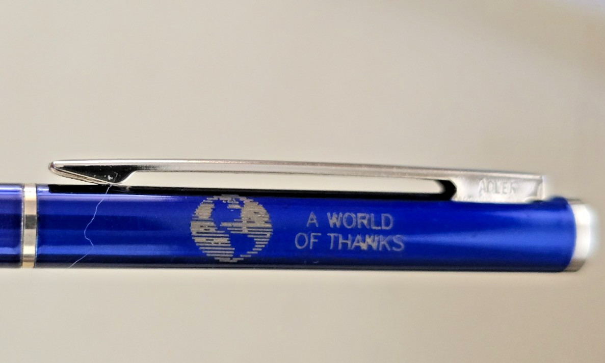 Vintage Alder CSW Const Steel Workers CA Advertising Pen Blue Gold Globe Logo