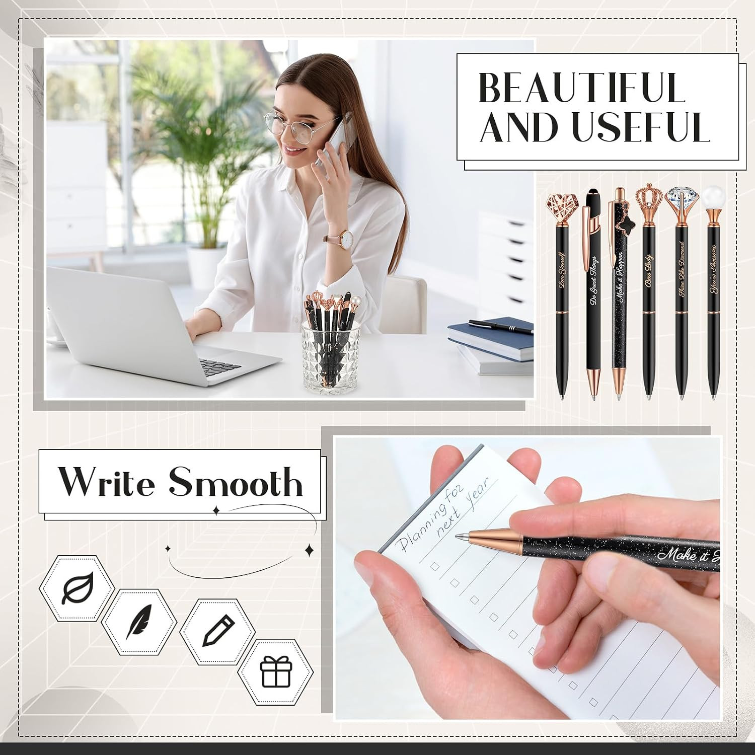 Qeeenar 6 Pcs Fancy Pens for Women Crystal Diamond Pen for Journaling Pretty Gli