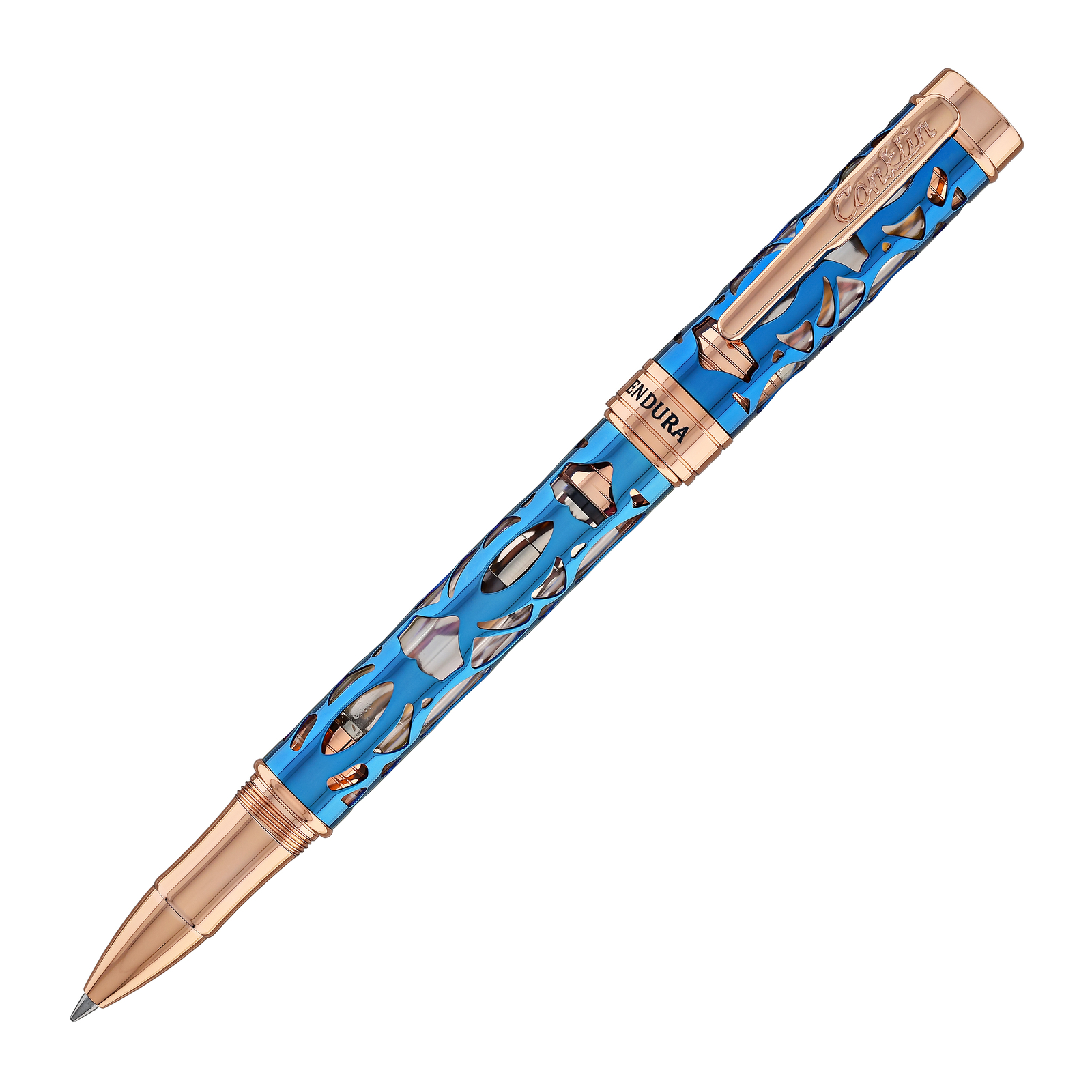 Conklin Endura Deco Crest Rollerball Pen in Demo Blue with Rosegold Trim – NEW