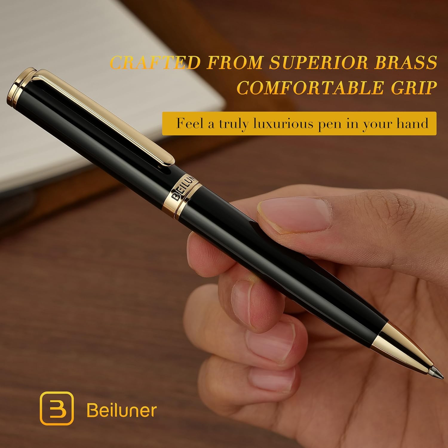 BEILUNER Luxury Gel Pen with 24K Gold Finish, Black Piano Lacquer, Luxury Grade