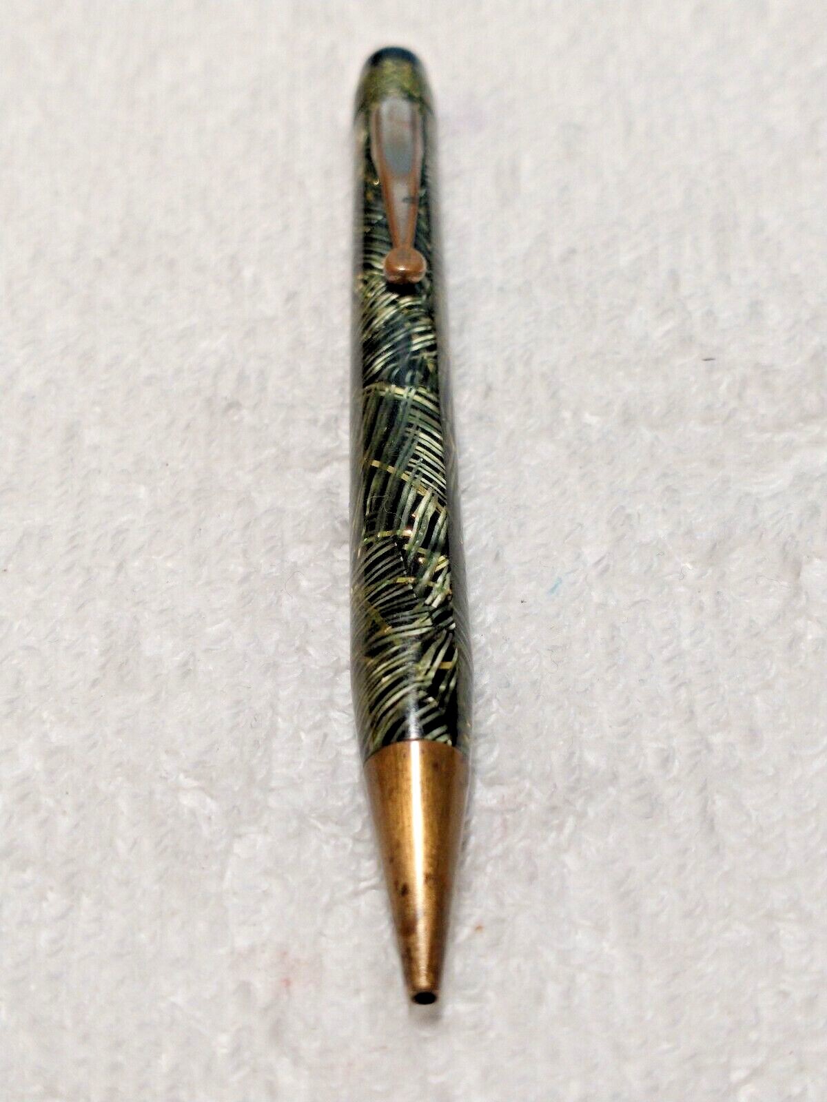 VINTAGE CELLULOID MECH PENCIL BLACK AND LIME GREEN OVER SILVER RIBBONS ANTIQUE