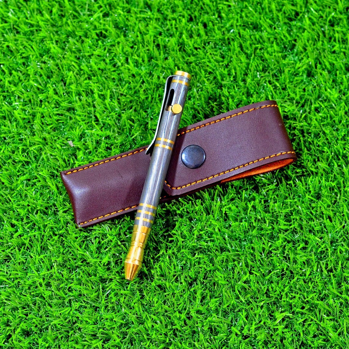Beautiful Handmade Damascus Ballpoint with beautiful leather sheath with box