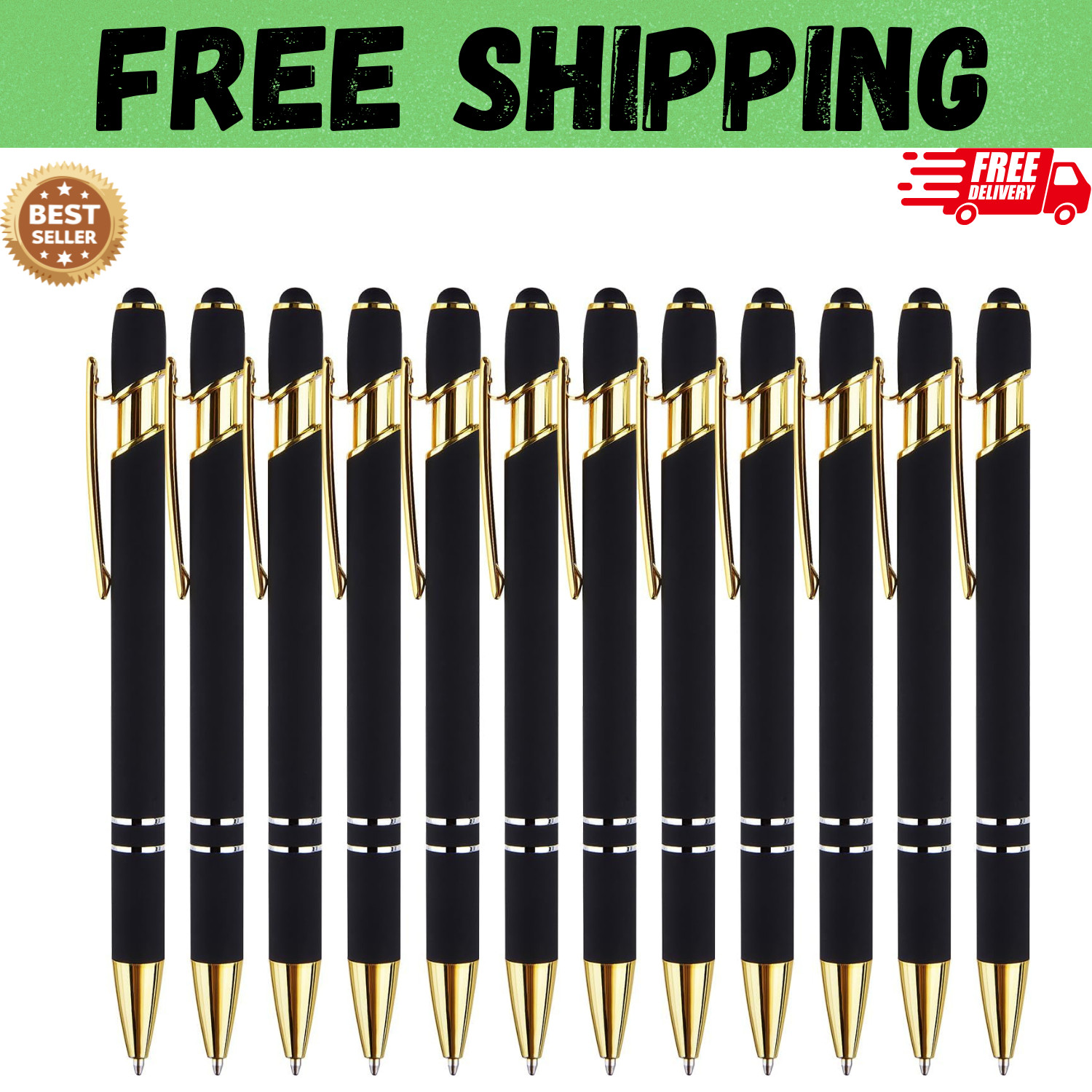 12 Pack Black Gold Ballpoint Pen with Stylus Tip 1.0 Mm Black Ink Smooth Writing