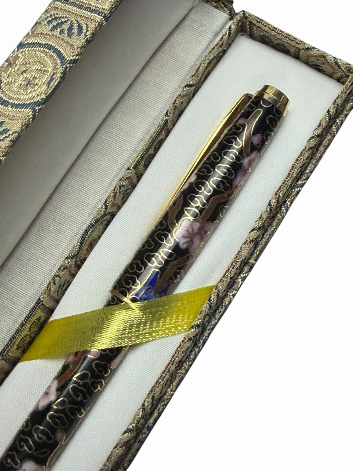 Vintage Cloisonné Floral Enamel Pen w/ Brocade Box Asian Style (Needs Refill)