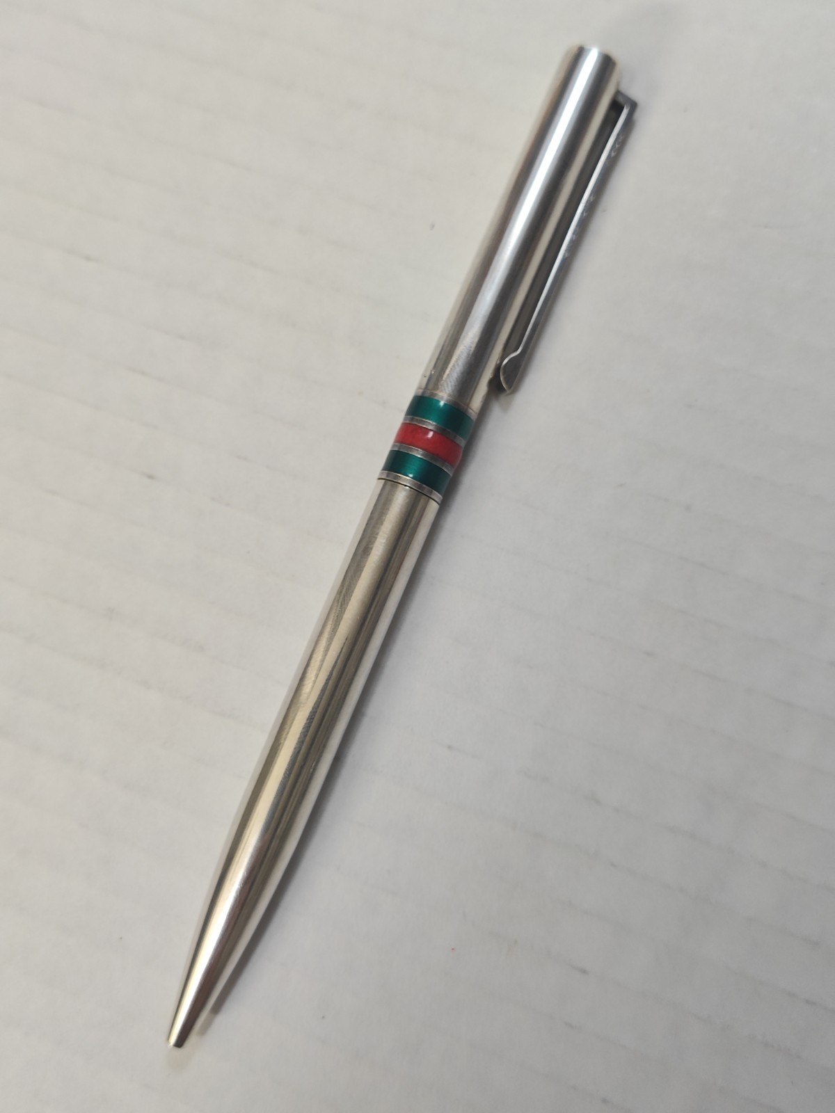 Vintage 1970’s Gucci Sterling Silver Red Green Enamel Stripes Pen W/ Box Italy