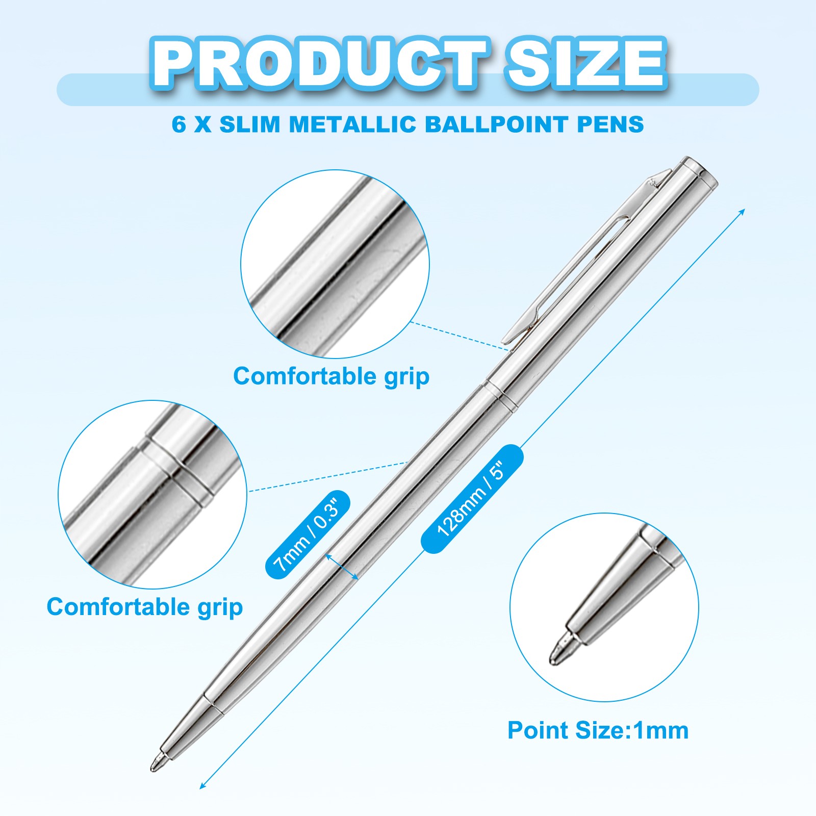 Slim Metallic Ballpoint Pen, 6Pcs Writing Pens with Clips Style 1, Silver