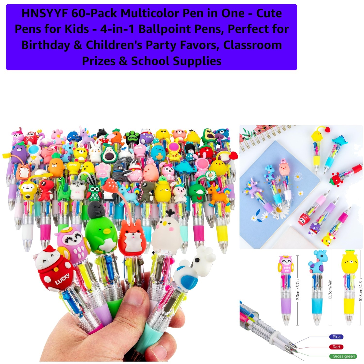60-Pack Multicolor Pen in One – Cute Pens for Kids – 4-in-1 Ballpoint Pens, P…