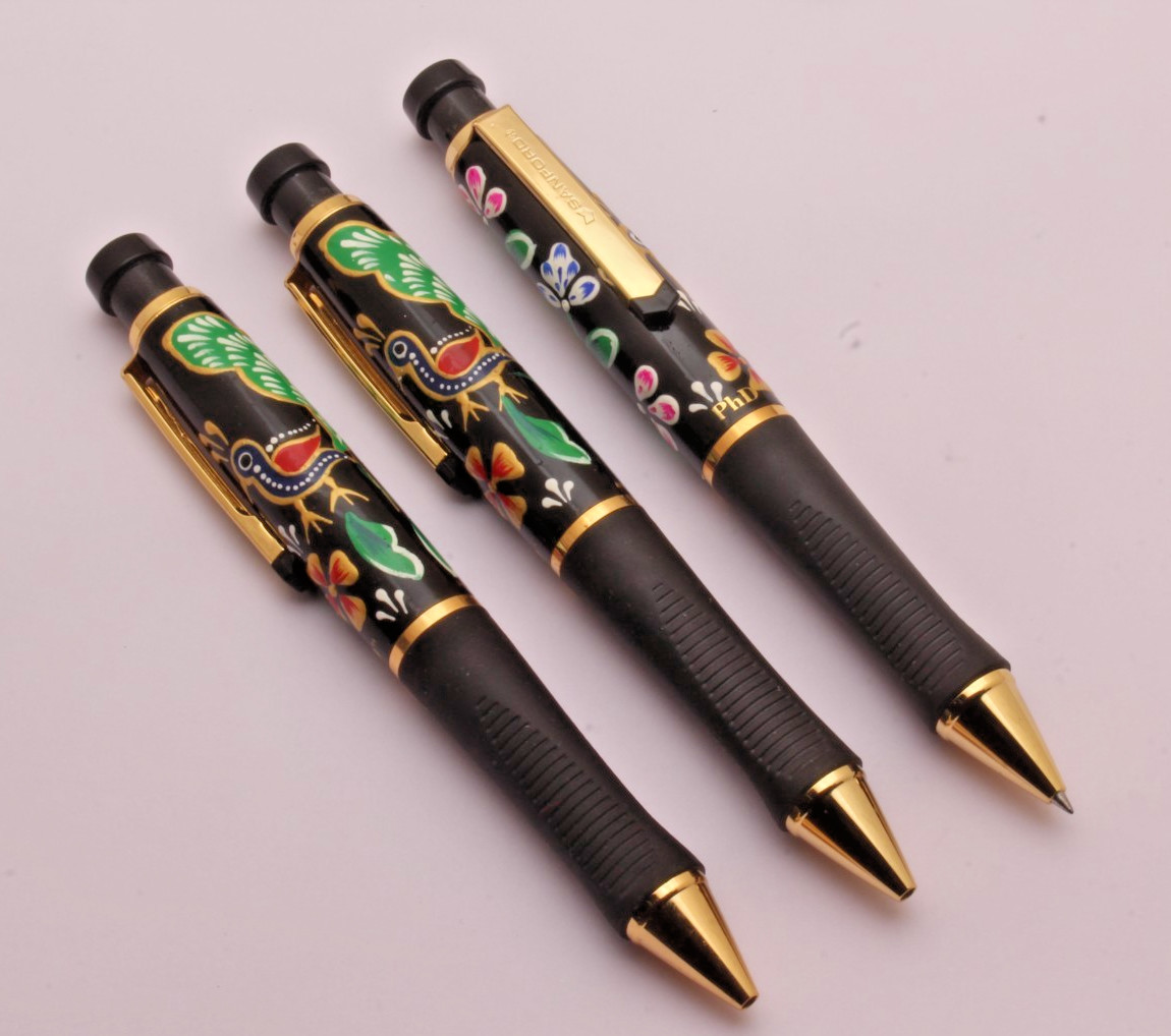 SET X 3 GORGEOUS HANDMADE ART DONE ON Sanford PHD Rollerball Pen EXTREMELY RARE