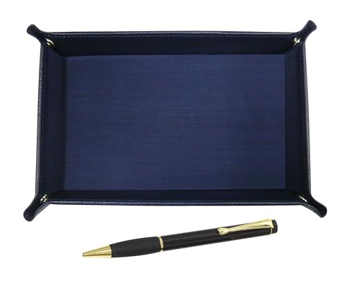 Japanese-made textured cowhide leather pen tray (blue) and midnight rubber