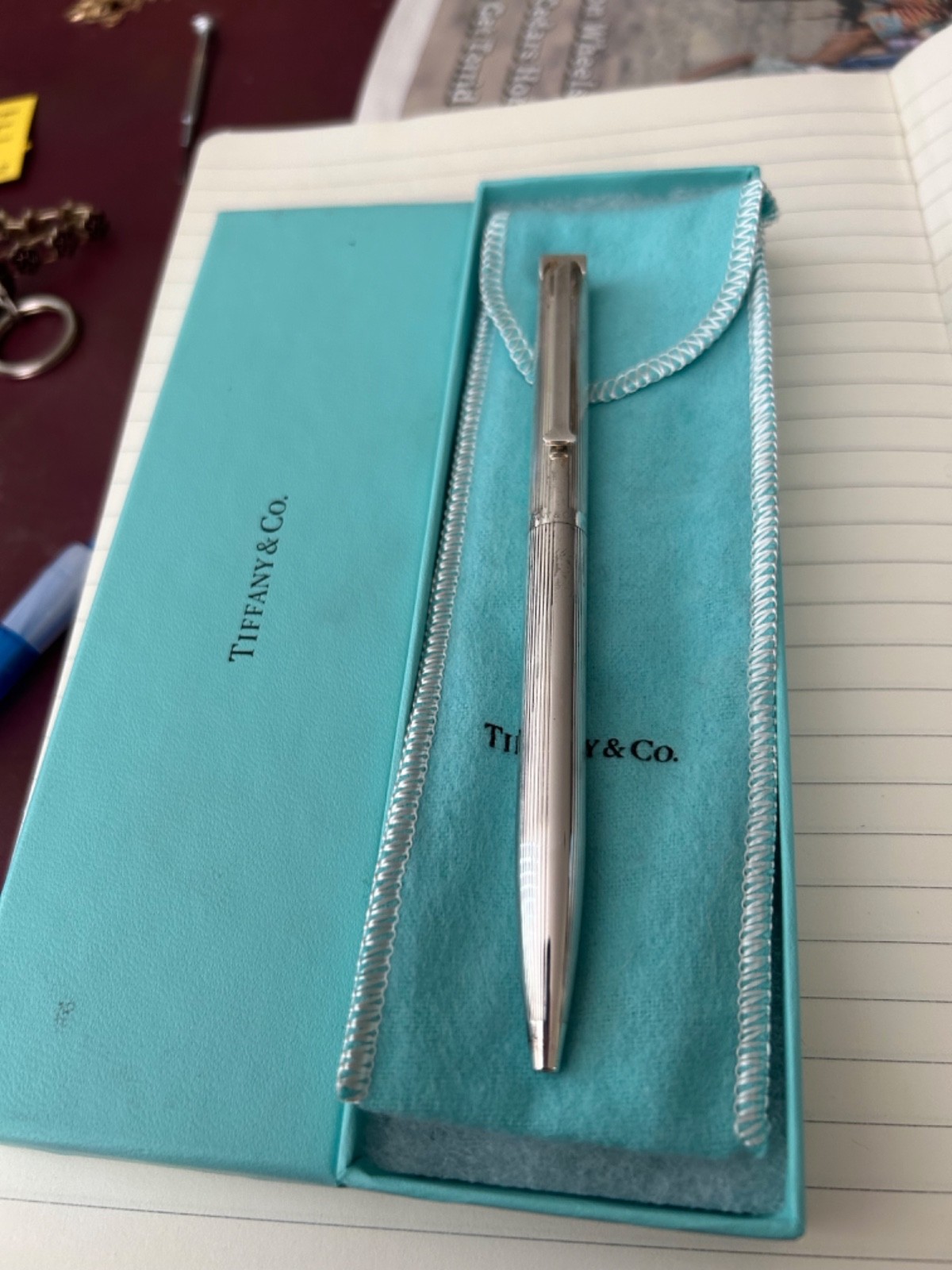 Tiffany & Co Sterling Silver ladies ball point pen- new in box- blue pouch & box