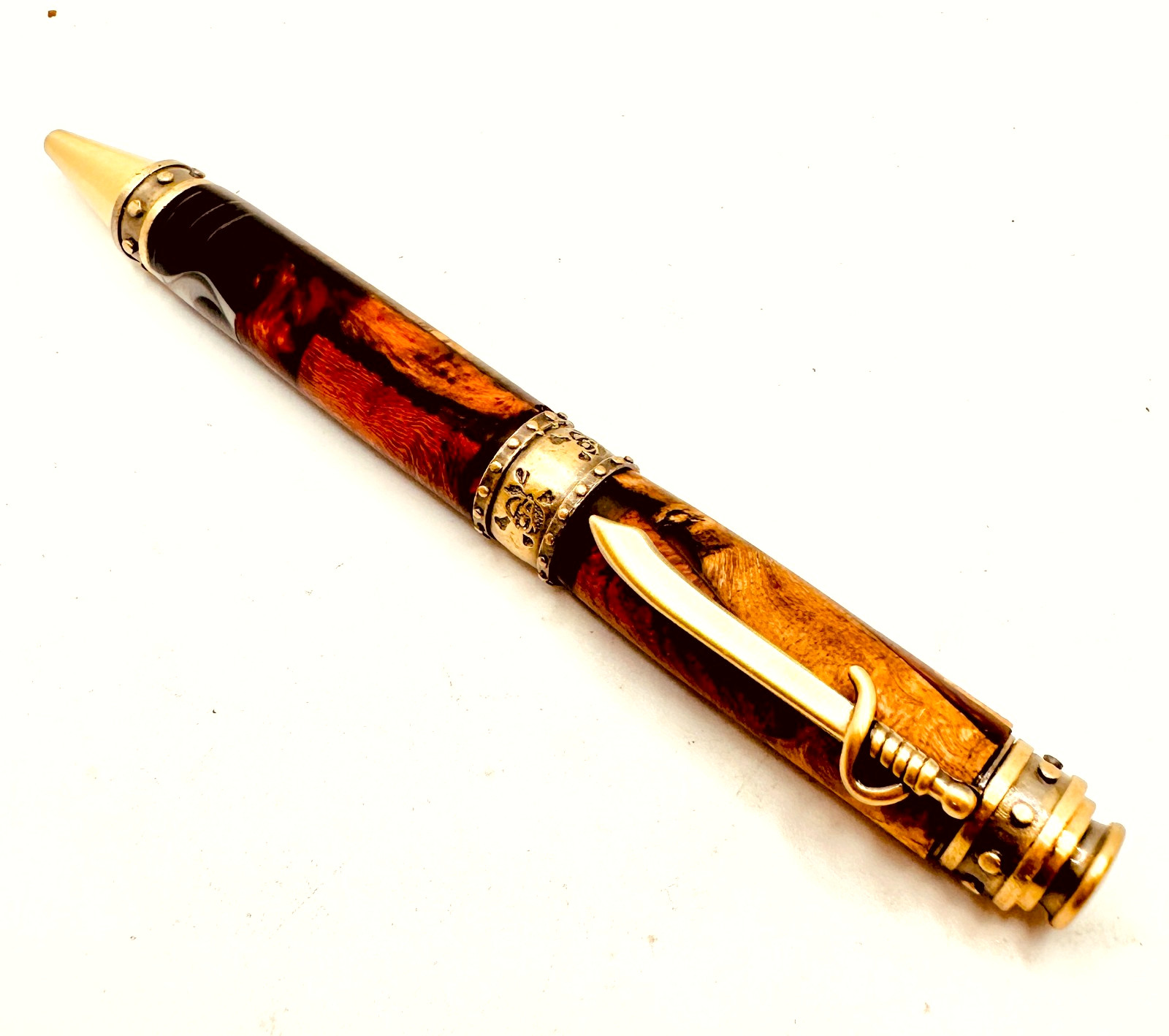Hand Turned Ballpoint Twist Pen Pirate Gold Tone Unknown Wood