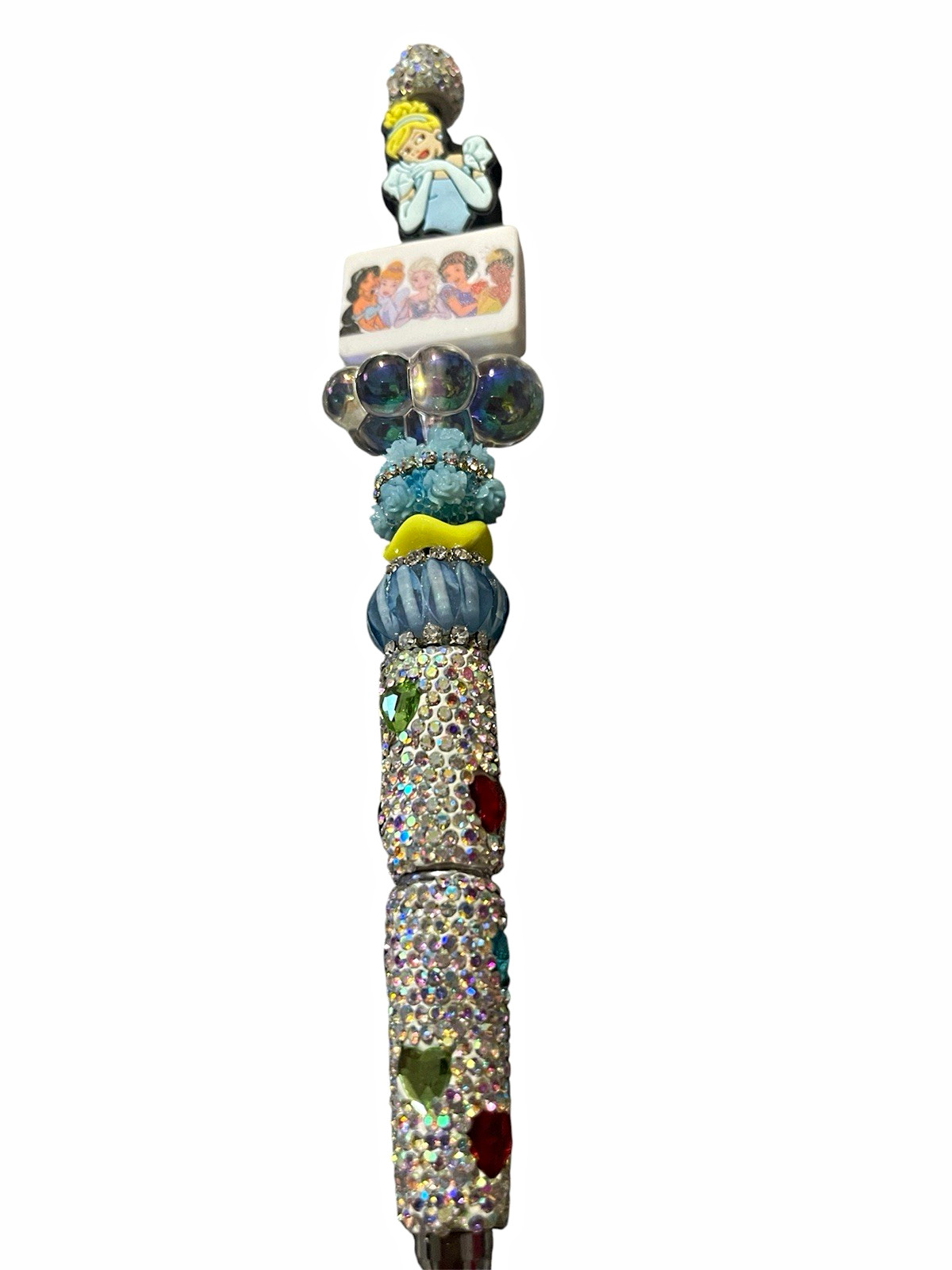 2pc Rhinestone & Beaded Plastic Ballpoint Pens w/ Cartoon Toppers, Multicolor