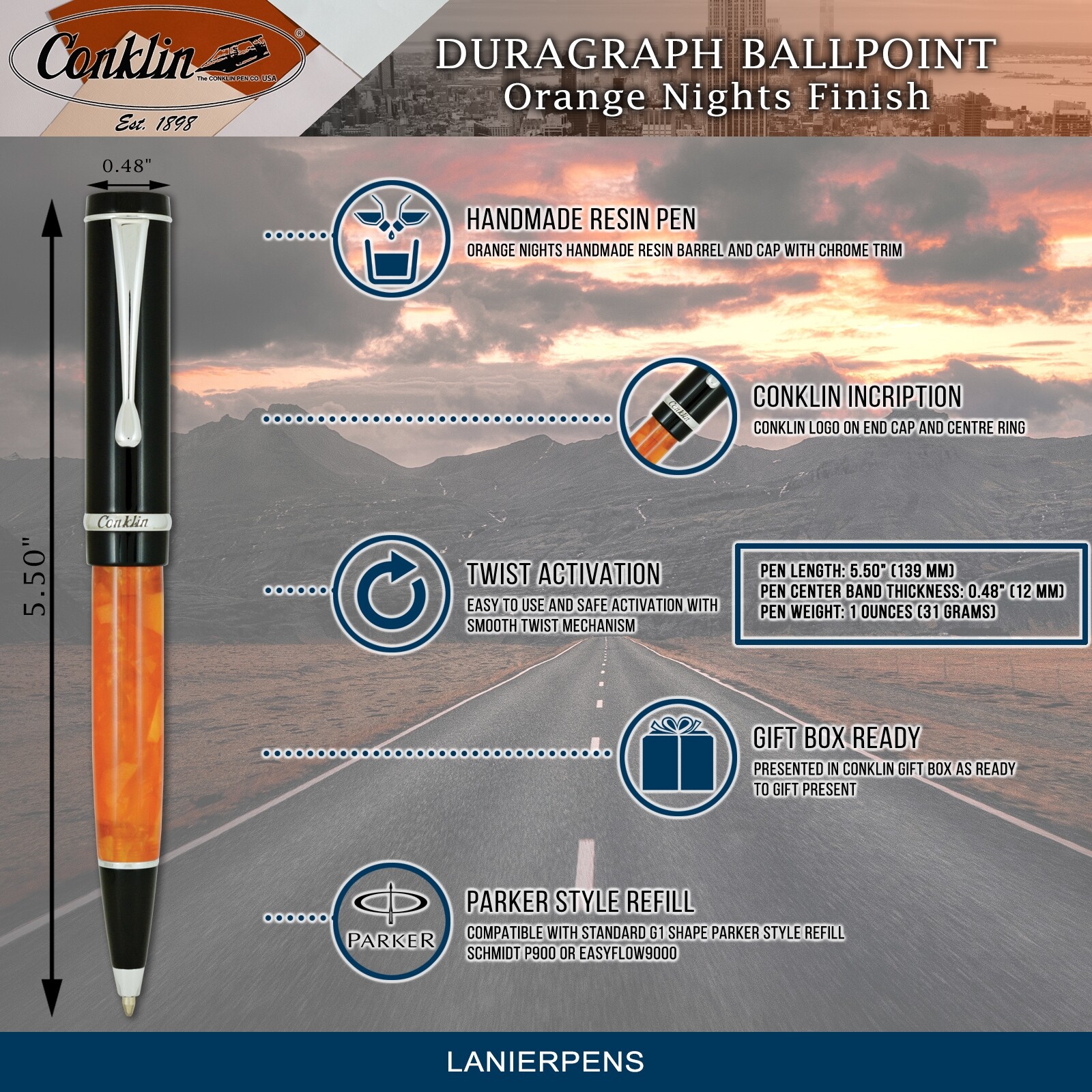 Conklin Duragraph Ballpoint Pen – Orange Nights, With Fine Tip (CK71375)