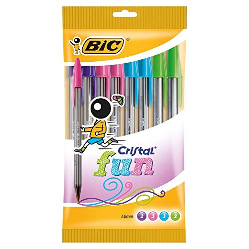 Cristal Fun Ballpoint Pens with 5 Assorted Ink Colours, Wide Point (1.6 mm),