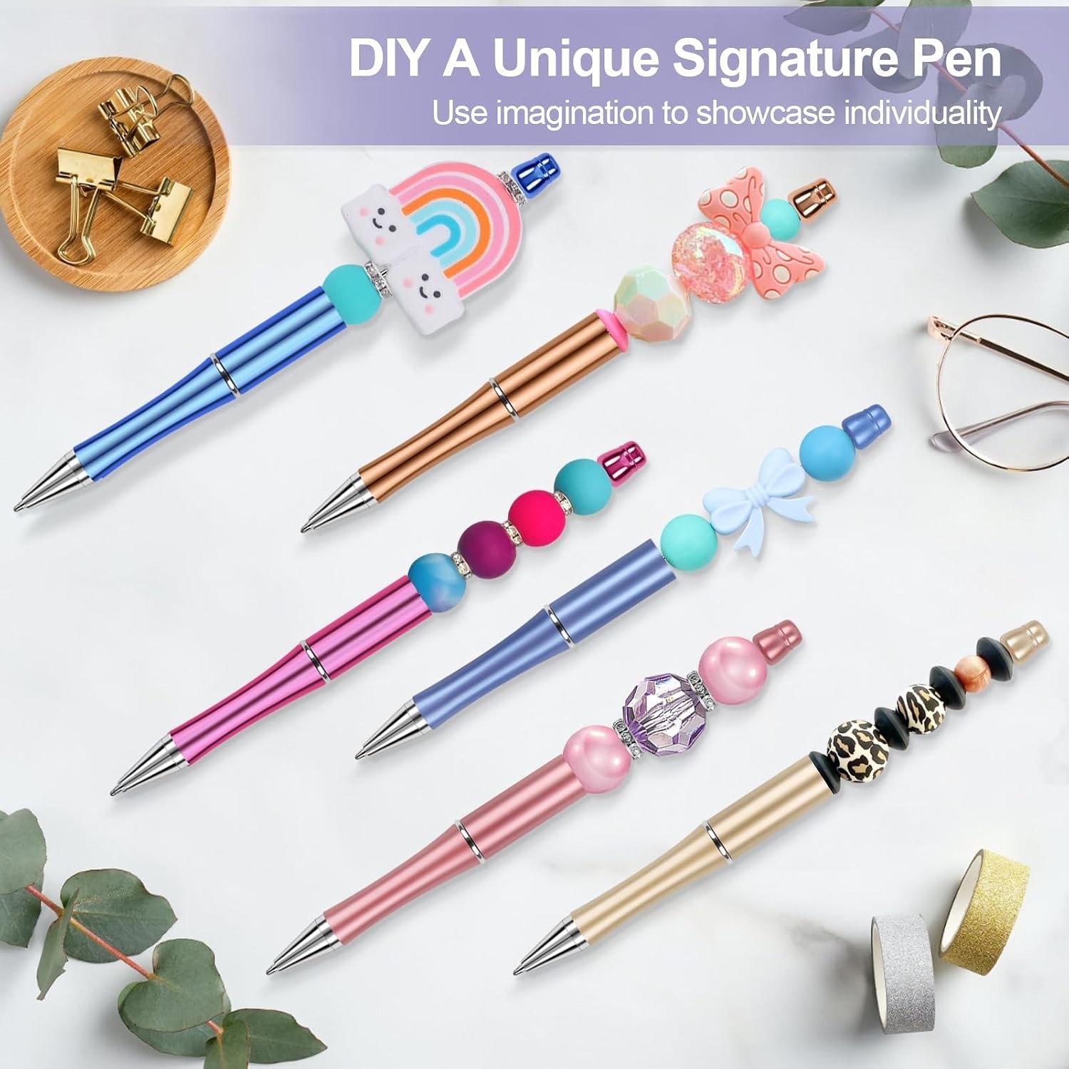 15 PCS Beadable Pens, Beadable Pens Bulk Colored Plastic, Black Ink Beaded Pe…
