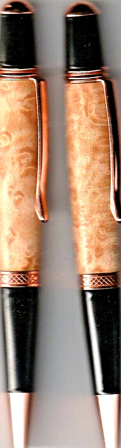 Elegant custom made Burl wood w/copper trim Ballpoint Blue and Black Ink Pen Set