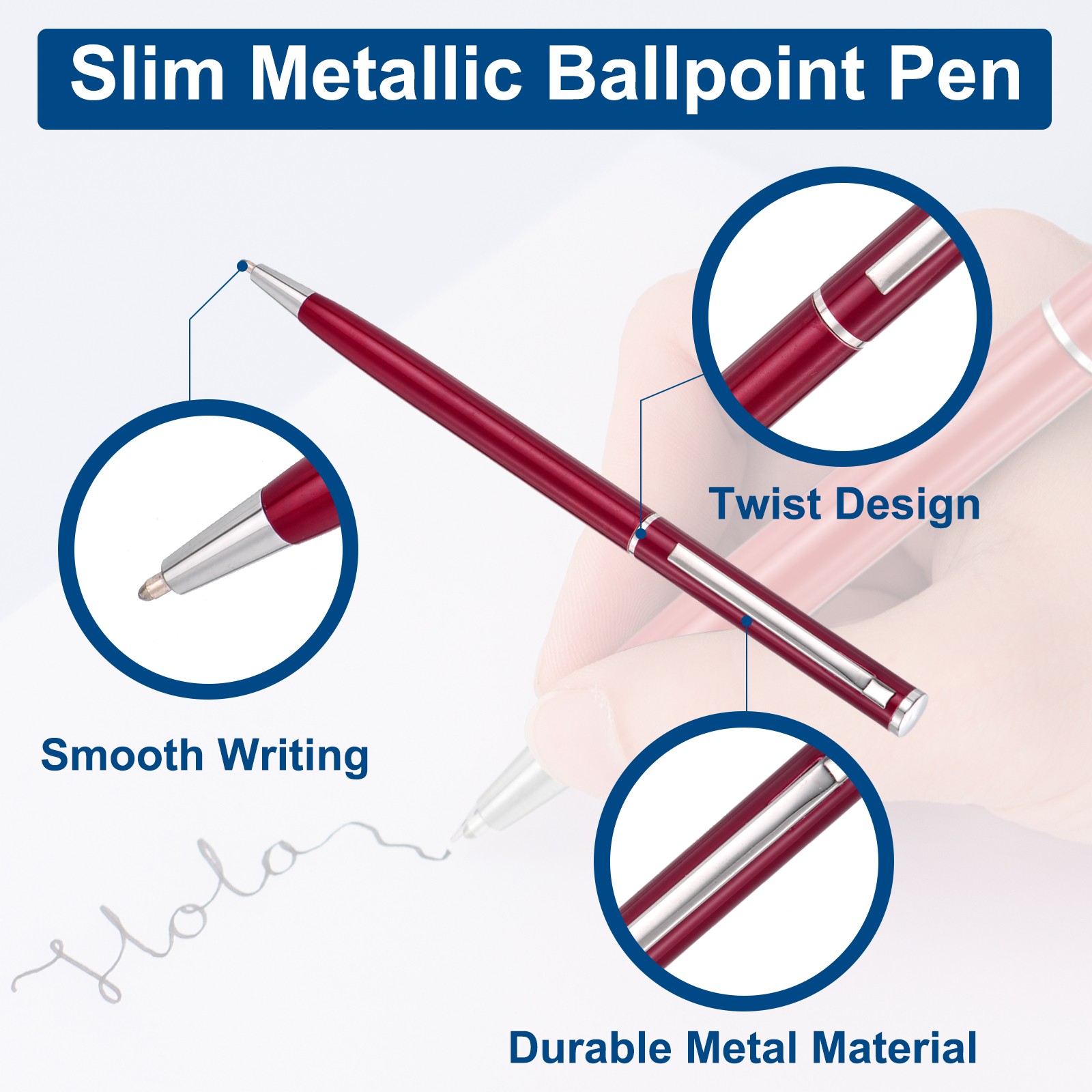 Slim Metallic Ballpoint Pen, 6Pcs Black Ink 1mm Medium Point Pen, Wine Red