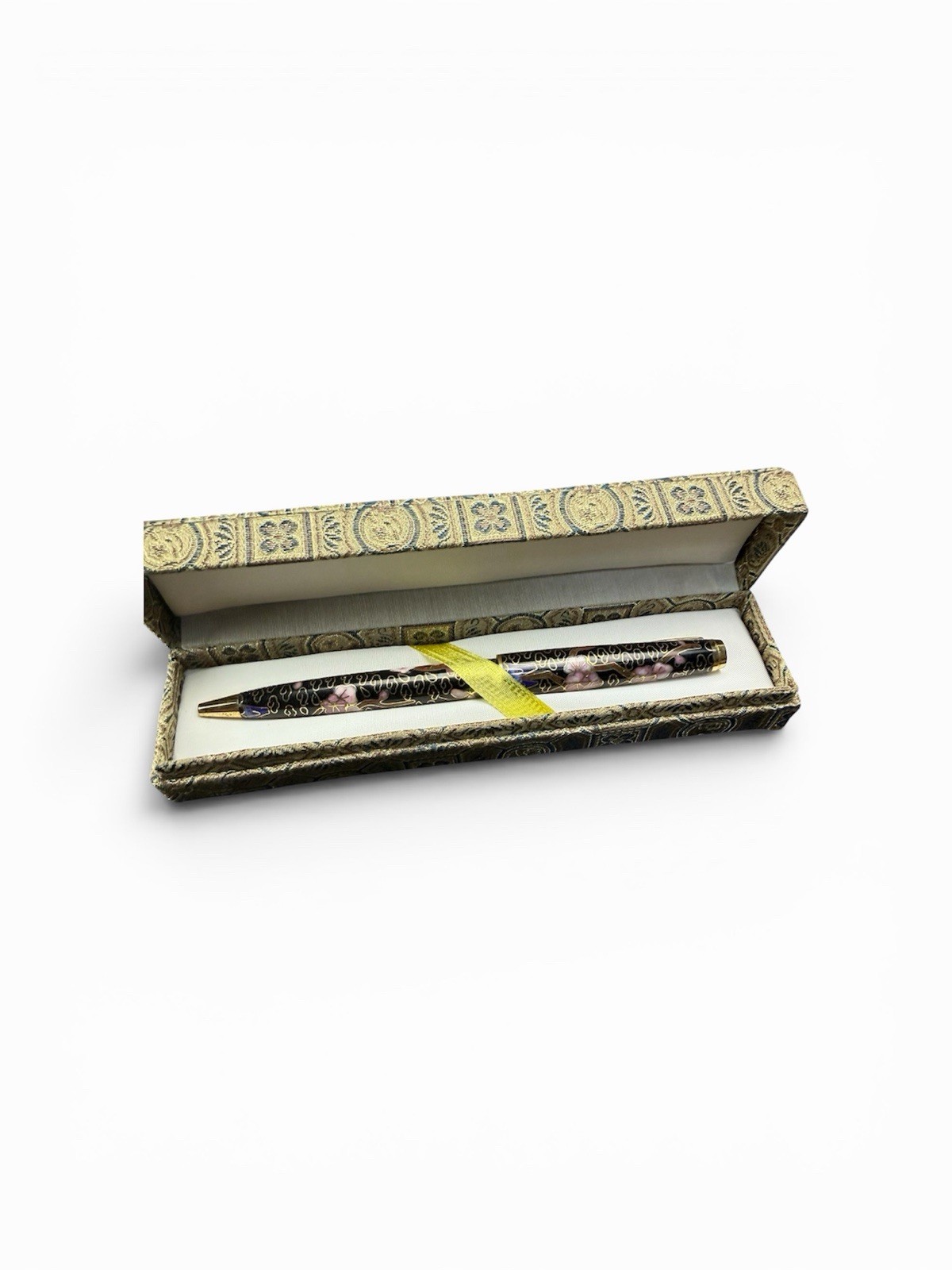 Vintage Cloisonné Floral Enamel Pen w/ Brocade Box Asian Style (Needs Refill)