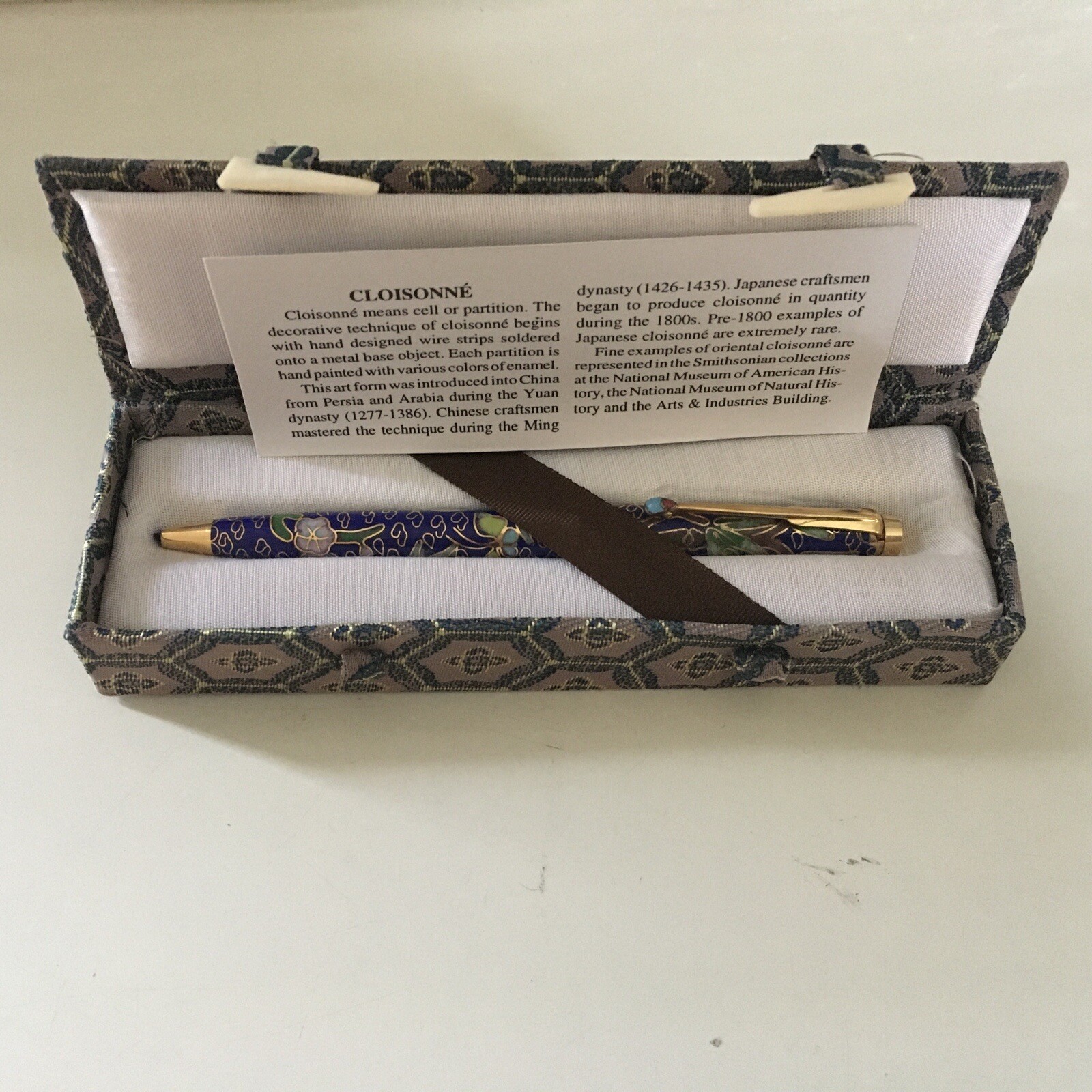 Vintage Chinese Cloisonne Enameled Ball Point Pen in Brocade Box