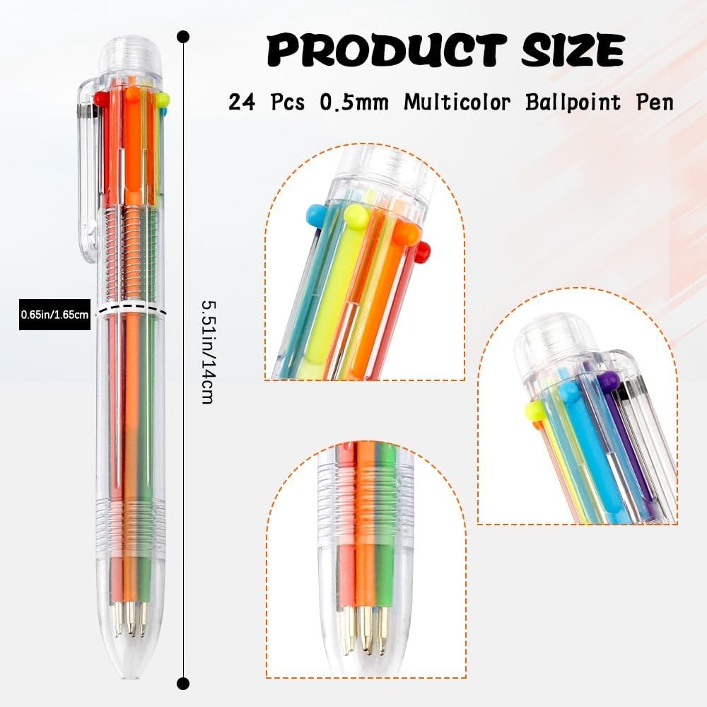 24 Pack Multicolor Pen 0.5mm 6-in-1 Ballpoint Retractable Colored Pens for Schoo