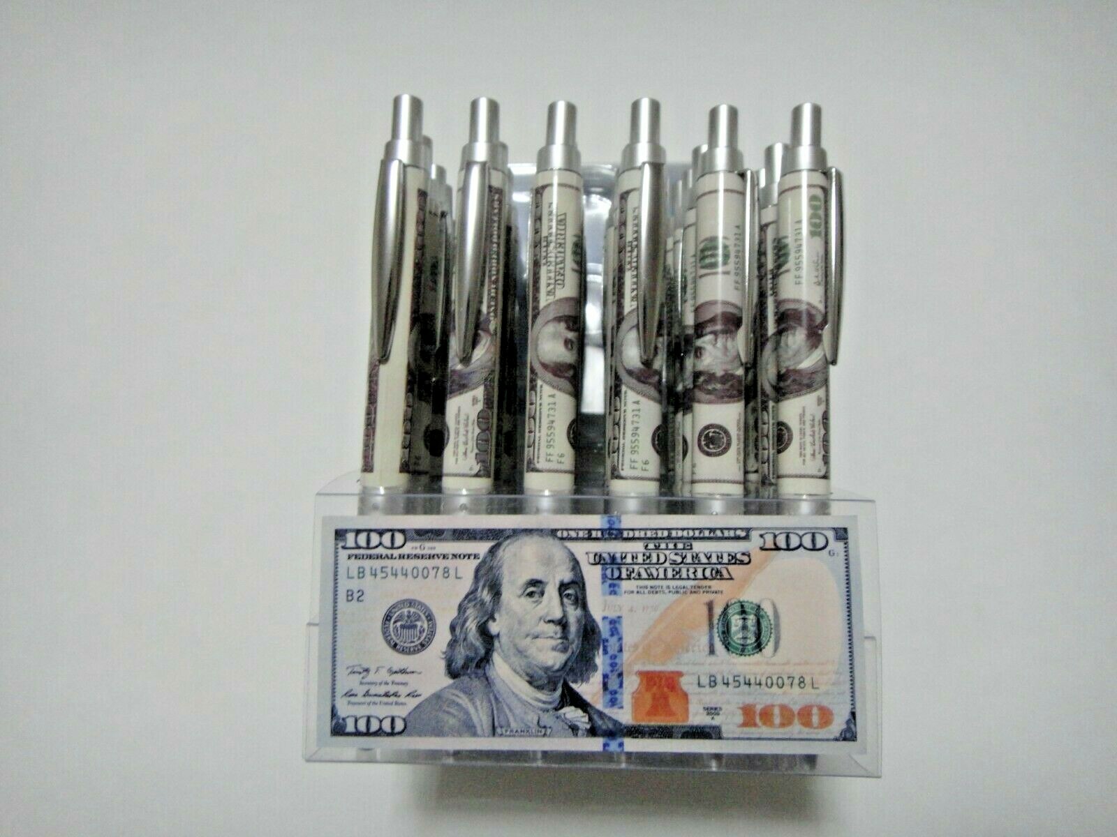24X-BLACK Ballpoint Benjamin Franklin $100 Bill Ink Pen w. silver clip US Seller