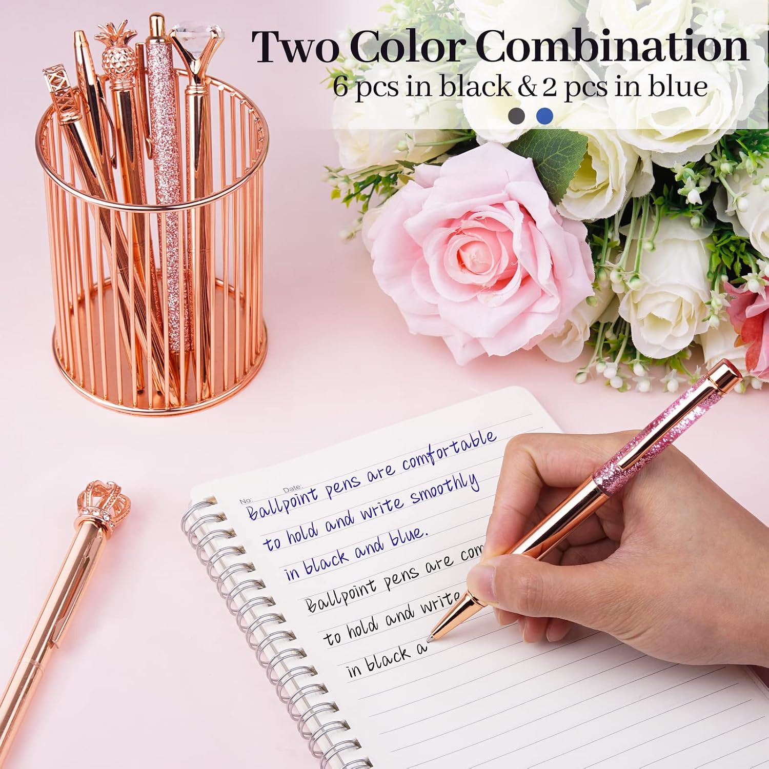 8Pcs Rose Gold Pens Crystal Diamond Pens with Black & Blue Ink | Fancy Pens for
