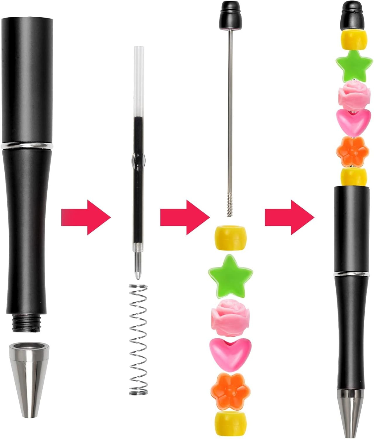 50Pcs Beadable Pens Plastic Bead Black Ink Ballpoint DIY Cute Cool Pens for Jour