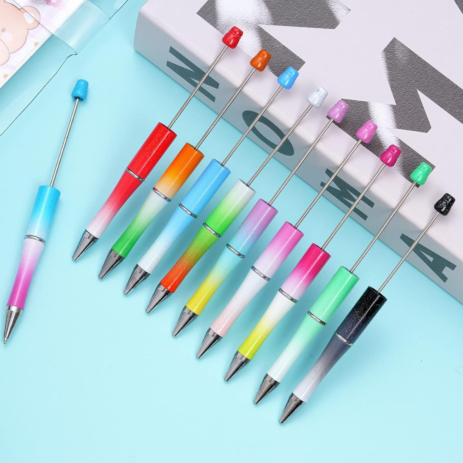 50Pcs Beadable Pens Plastic Bead Black Ink Ballpoint DIY Cute Cool Pens for Jour