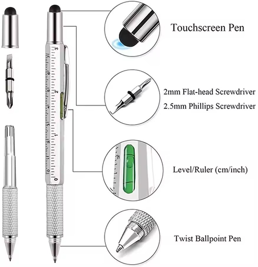 7-in-1 Multifunctional Multi-Tool Pen with Screwdriver, Ruler, Level, Stylus & B