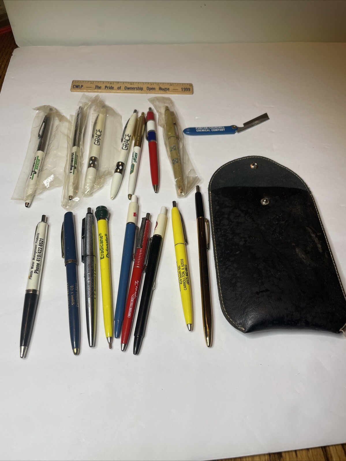 Lot Of 16 Vintage Advertising Pens Ruler Knife Leather Pouch Untested