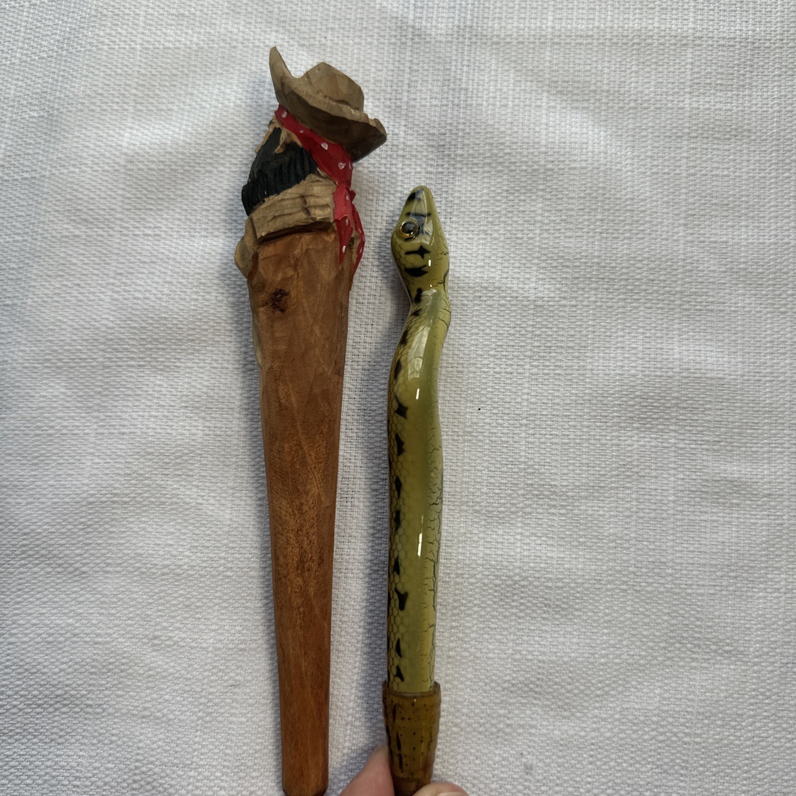 Lot of 2 Vintage Carved Wood Pens – Pirate & Snake Enamel Painted Novelty
