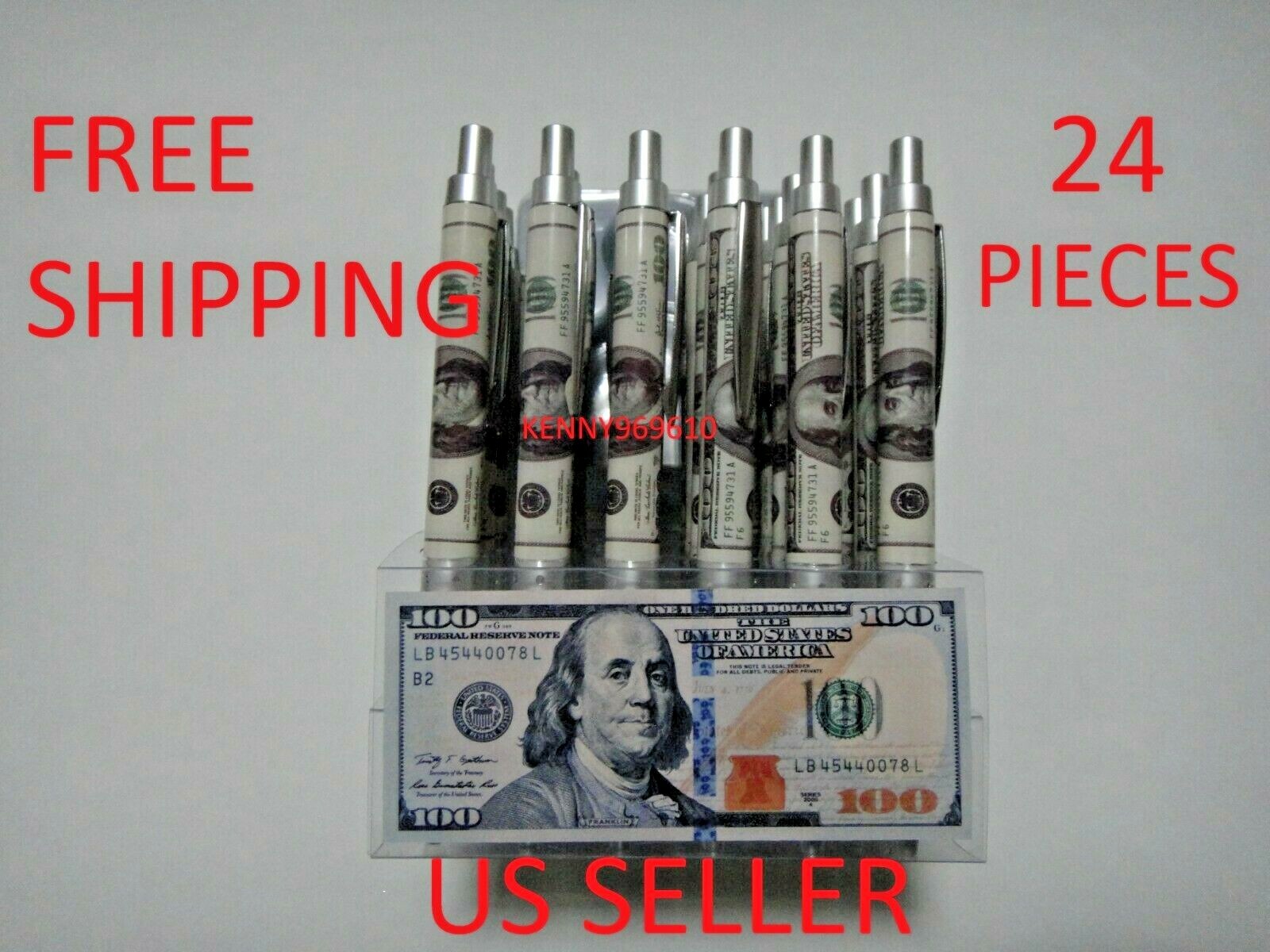 24X-BLACK Ballpoint Benjamin Franklin $100 Bill Ink Pen w. silver clip US Seller