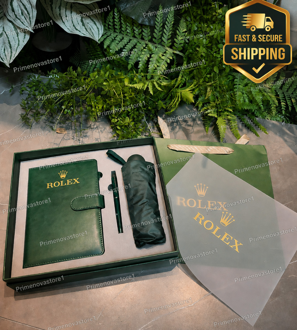 ROLEX Green Gift Set Notebook Ballpoint Pen Folding Umbrella Luxury Gift Box NEW