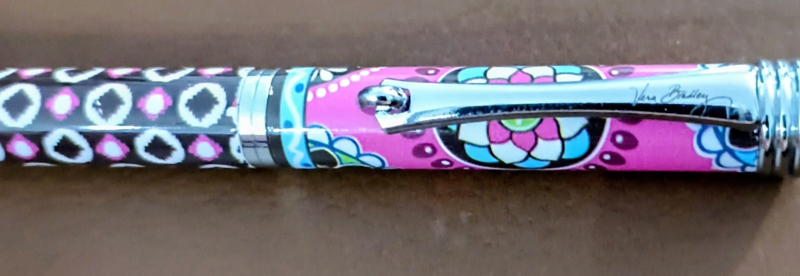 Vera Bradley Patterned Ballpoint Pen with Chrome Trim Pink Black Silver