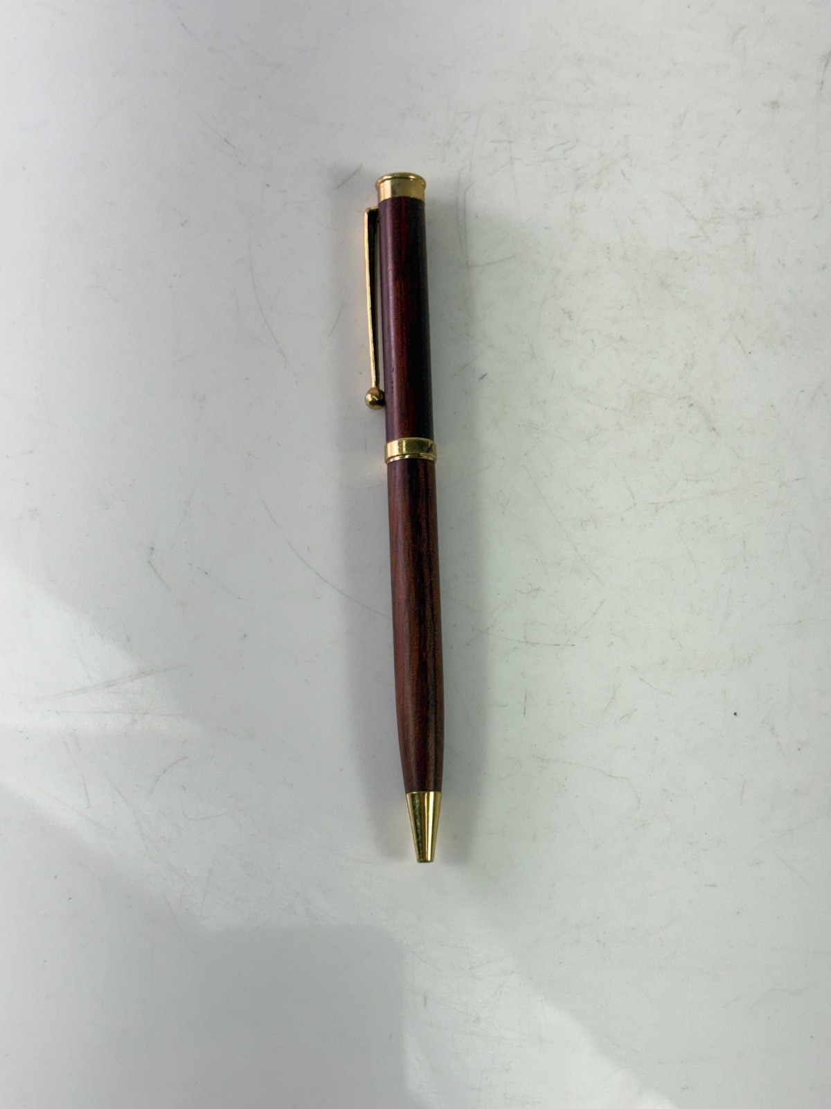 Vintage Wooden Slimline Twist Ballpoint Pen Rosewood Color Gold Tone Trim