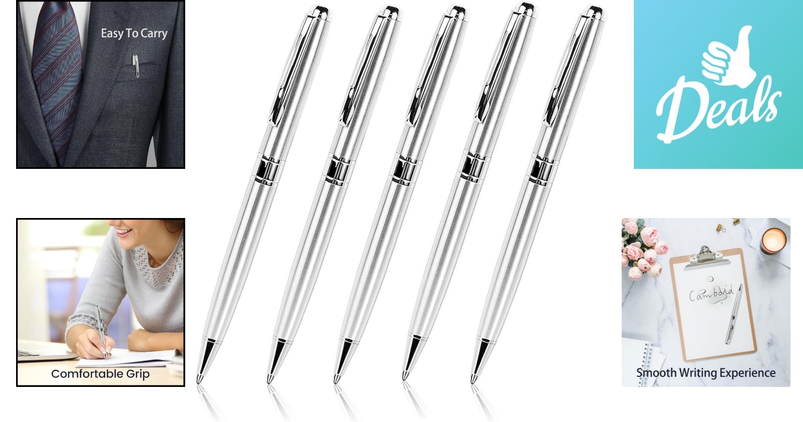 Smooth Writing Silver Ballpoint Pens – Perfect Gift Set of 5 for Any Occasion