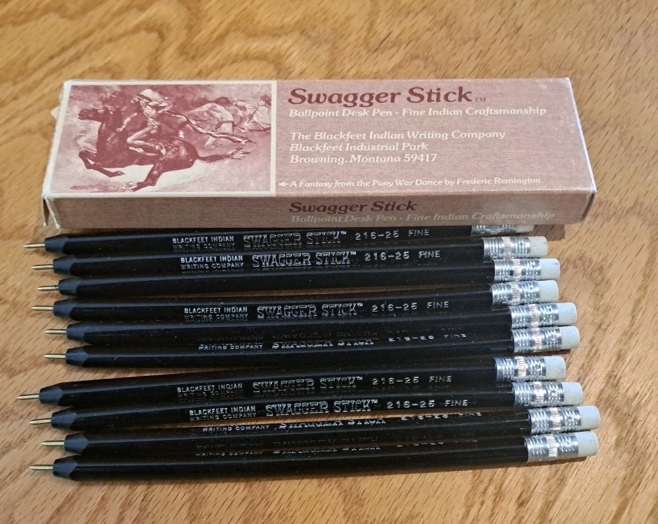 Swagger Stick Box of 10 Black Ink Pens Blackfeet Indian Co Browning MT c1970s