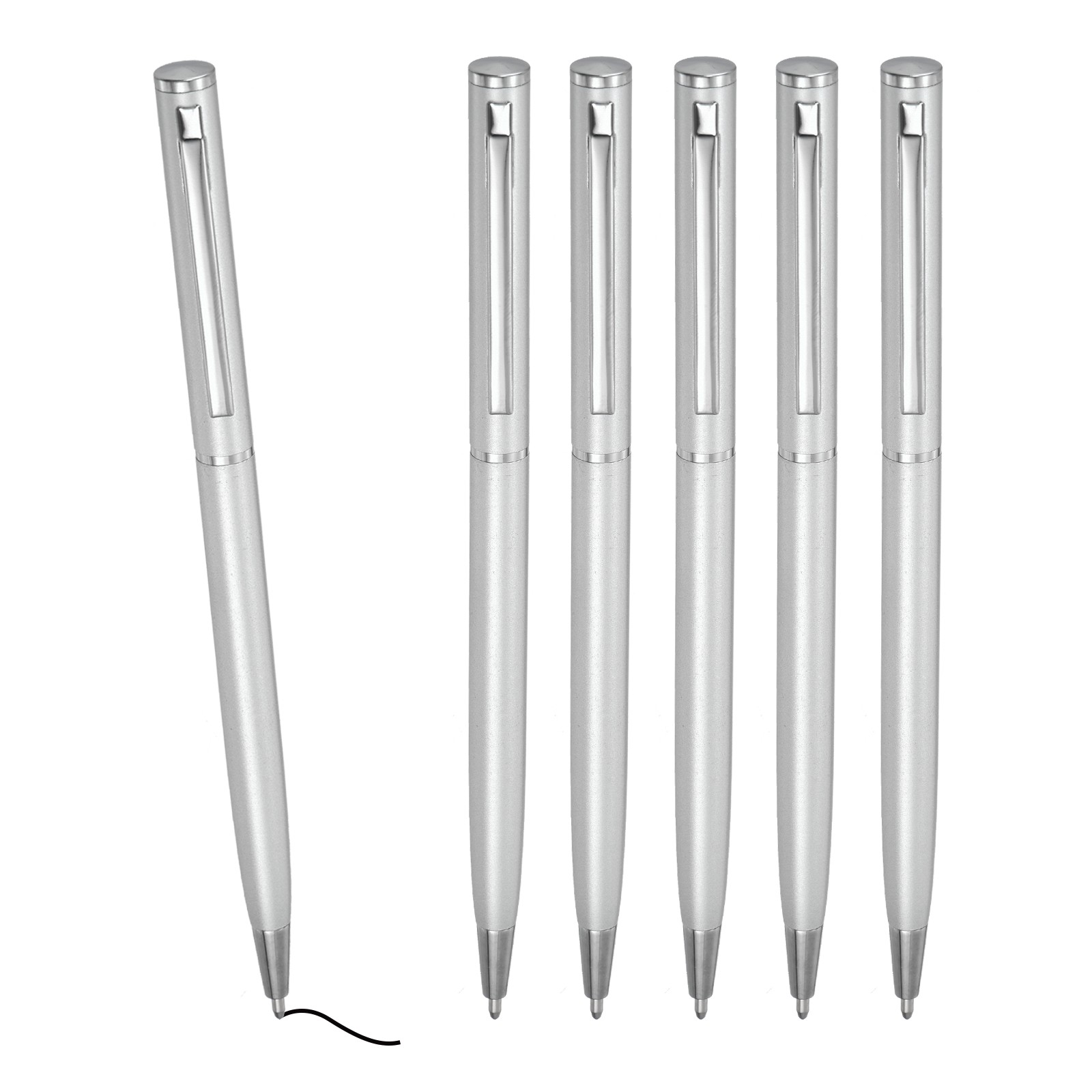 6 x Slim Metallic Ballpoint Pen Black Ink 1mm Medium Point Pen Silver