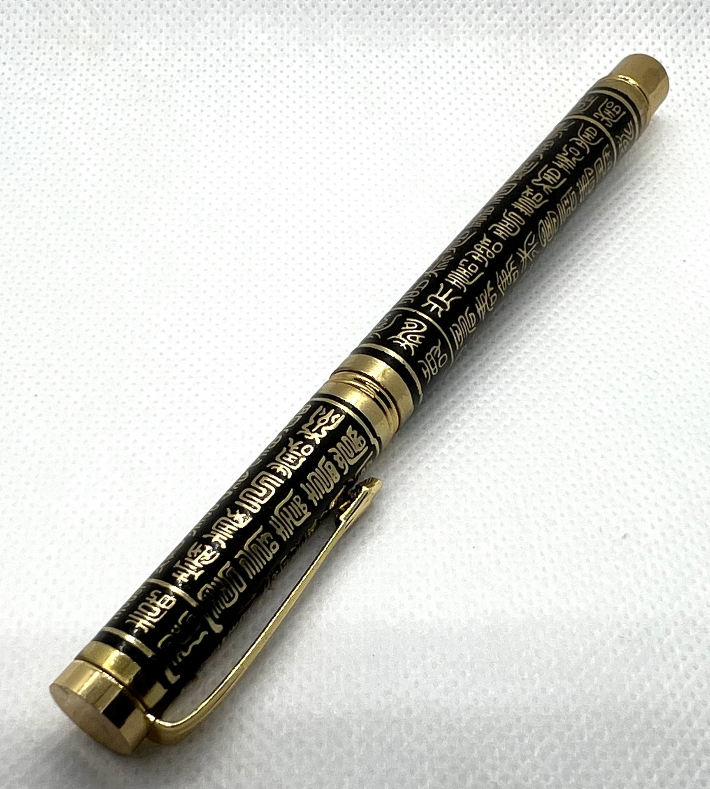Shanghai Ballpoint Pen Ancient Script Gold Tone Black Enamel Refillable EX Cond.