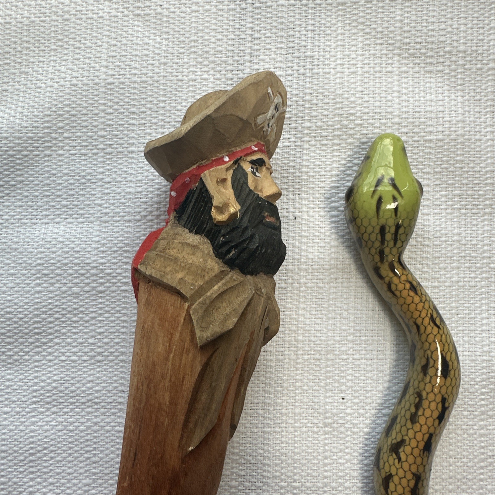 Lot of 2 Vintage Carved Wood Pens – Pirate & Snake Enamel Painted Novelty