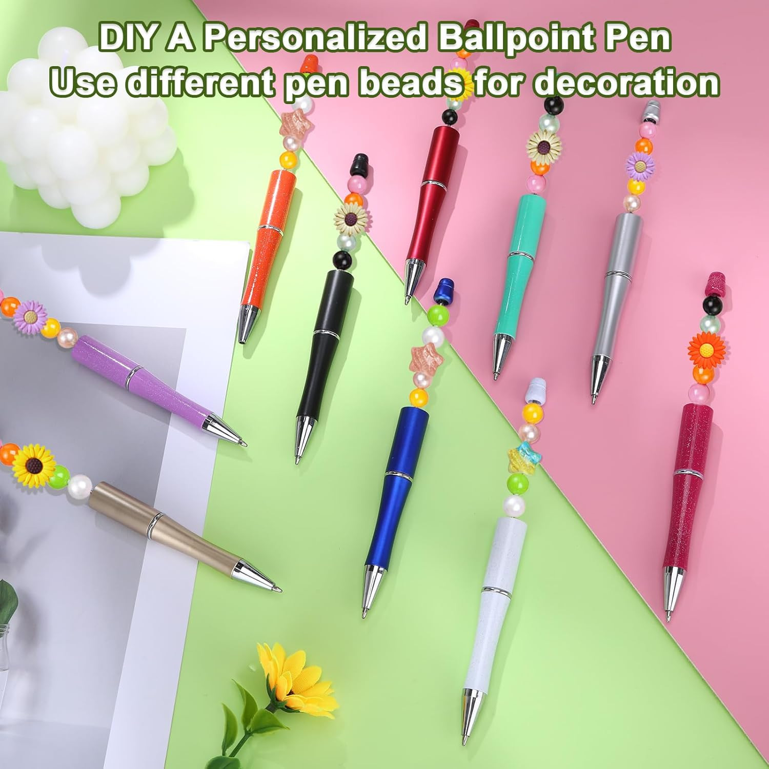 20 Pcs Beaded Pens, Beadable Pens Bulk Colored, Focal Bead Pen with 40pcs Black