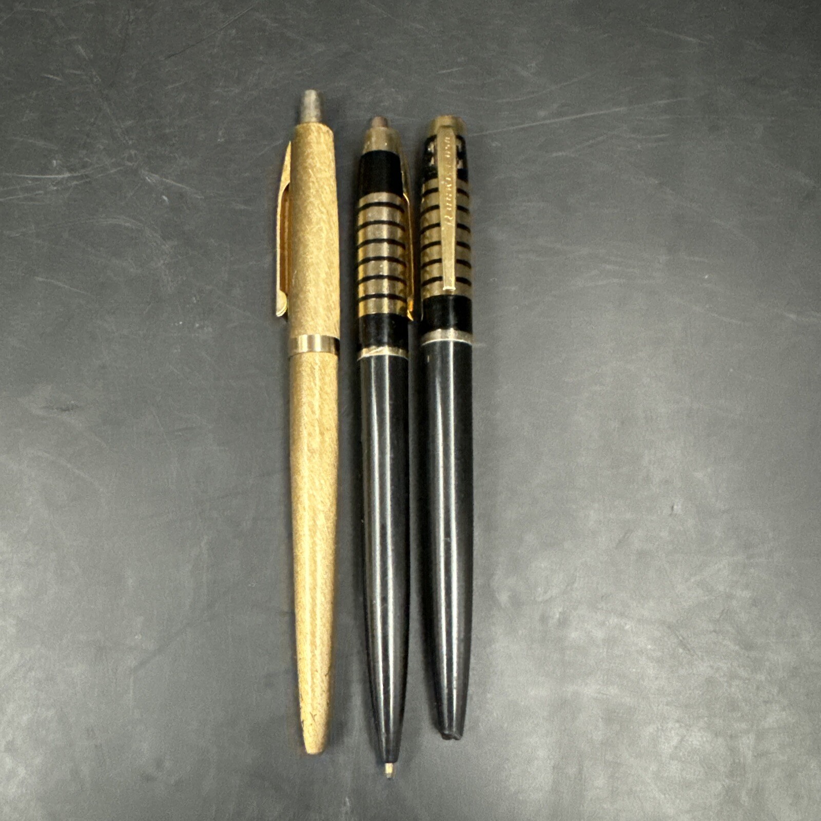 Lot of 3 Vintage Rocket Ballpoint Pens Brushed Gold Tone Black Striped Office