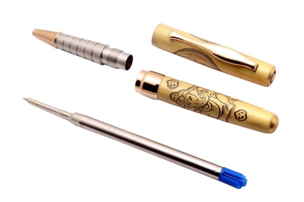 SET OF 5 Lord Ganesh & Om Engraved On Brushed Gold Body Mini Size Ballpoint Pen