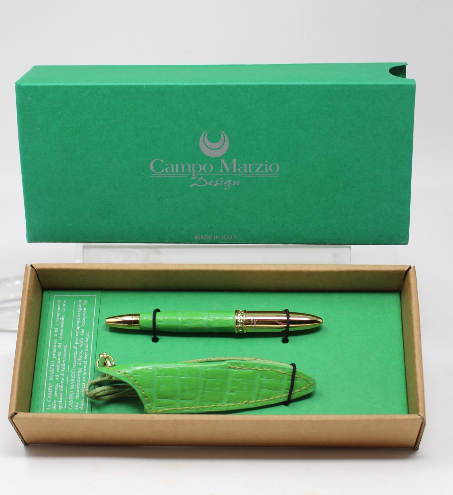 Campo Marzio Italy Ball Point Pen Necklace GREEN Mini Crystals Leather Pouch NEW